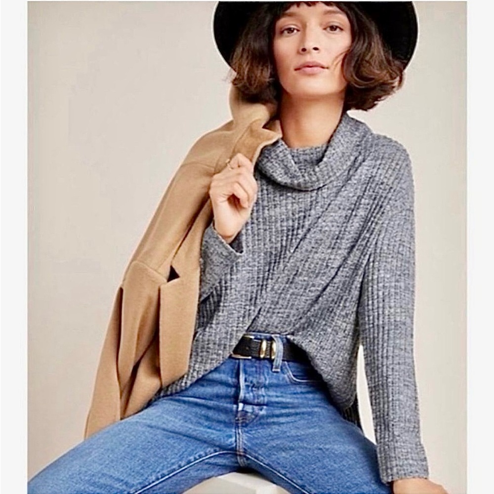 Anthropologie Womens Cowl Neck Sweater Relaxed Ribbed Size Small Gray Stretch